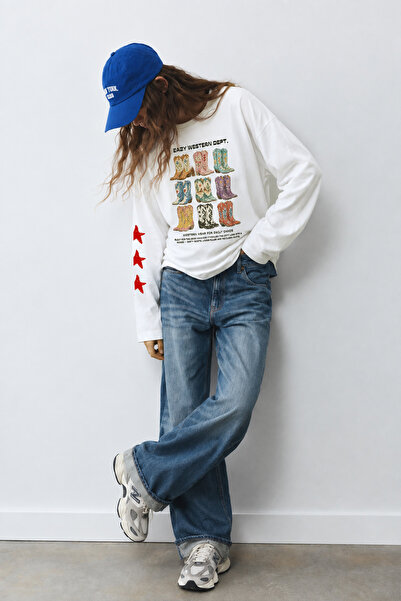 Eazy Co Eazy Unisex Oversize Long Sleeve T-Shirt 100% Cotton Ecru Western Dept. Cowboy Boots Printed Boxy Fit T-Shirt