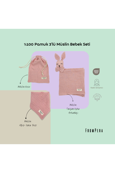 %100 Pamuk 3'lü Müslin Bebek Hediye Seti | Tavşan Uyku Arkadaşı, Ağız-Yaka Bezi & Mini Kese | Oeko-Tex®