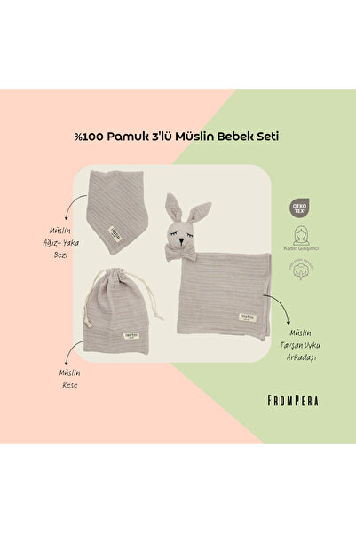 %100 Pamuk 3'lü Müslin Bebek Hediye Seti | Tavşan Uyku Arkadaşı, Ağız-Yaka Bezi & Mini Kese | Oeko-Tex®