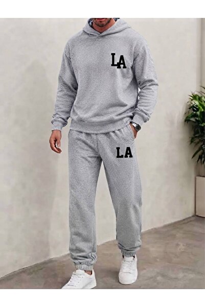 LELVANİ Unisex Black/White La Text Printed Top and Bottom Hooded Tracksuit Set