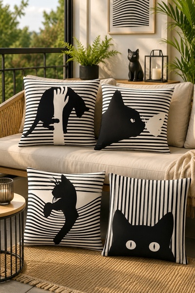 EVPANYA Set of 4 Pillow Covers with Black Lines and Cat Pattern