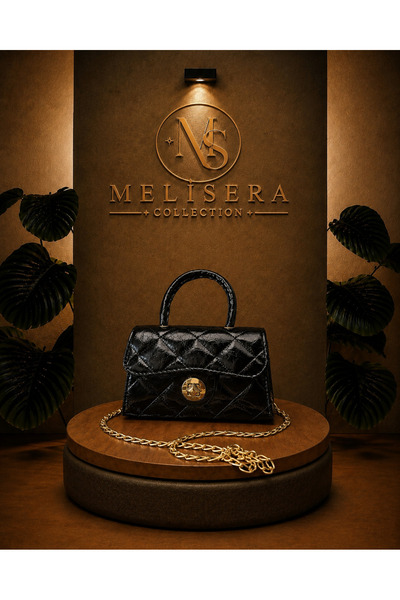 MELİSERA COLLECTION Parlak Siyah Zincir Askılı Oval Saplı Şık Kapitone Mini E...