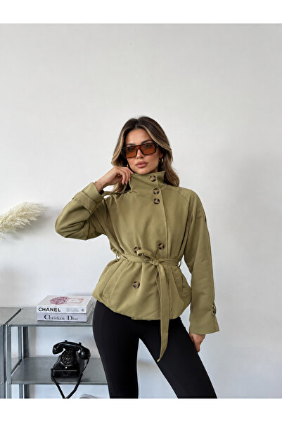 MERİDE Kadın Dik Yaka Kuşaklı Trençkot-5057-S - Haki
