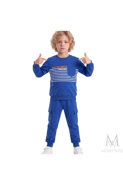 7-10 Yaş Mavi Çizgili Sweatshirt ve Kargo Cepli Erkek Çocuk Eşofman Takım