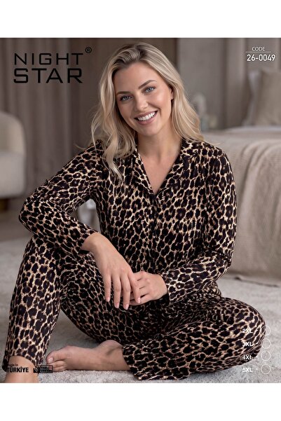 Night Star Nova Leoparlı Süpersoft Düğmeli Büyük Beden Pijama Takımı