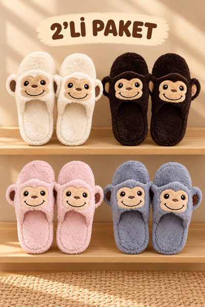 star shoes 2’li Avantajlı Paket Kışlık Peluş Ev Terliği Hayvan Figürlüi Misaf...
