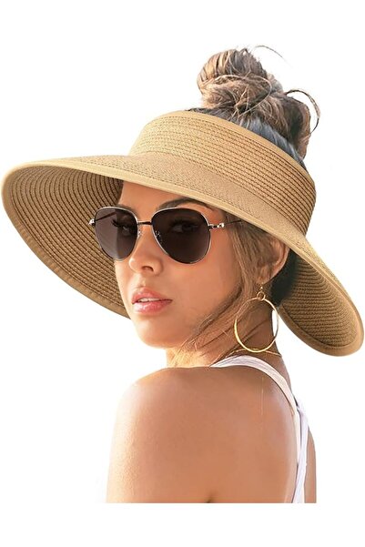 AZONEE Sun Visor Hats for Women Wide Brim Straw Ponytail Summer Beach Hat UV ...