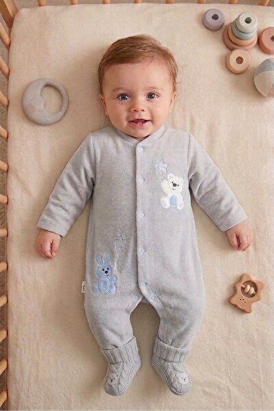 Baby Mii Ayı ve Tavşan Nakışlı Kadife Tulum