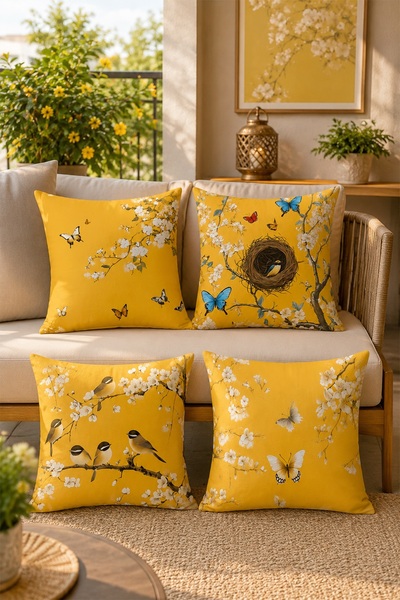 EVPANYA Yellow Background Bird's Nest Patterned 4-Piece Throw Pillow Cover Set