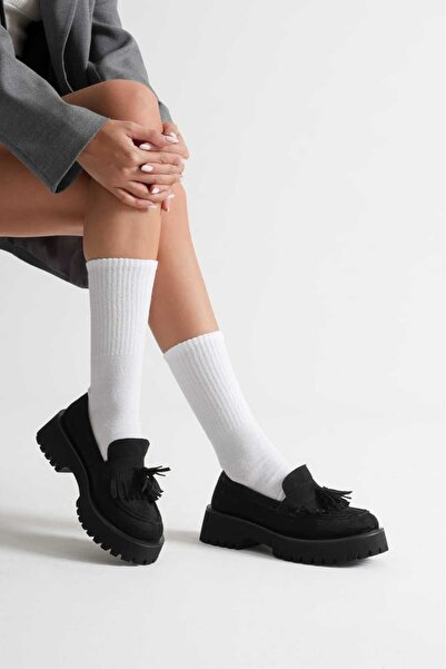 She Women's Daily Black Suede Tasseled Thick-Sole Oxford Loafer Shoes