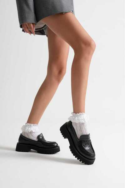She Women's Daily Black Crocodile Pattern Thick Sole Oxford Loafer Shoes