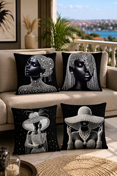 EVPANYA Women with Pearls Patterned 4-Piece Throw Pillow Cover Set