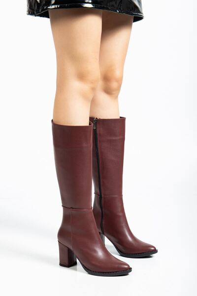 Zerenyus Zri̇n-44222 Premium Pointed Toe Burgundy Heeled Zippered Boots