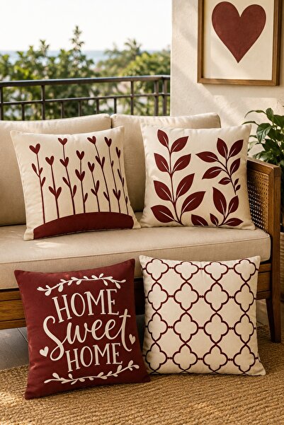 EVPANYA Burgundy Floral Patterned 4-Piece Throw Pillow Cover Set