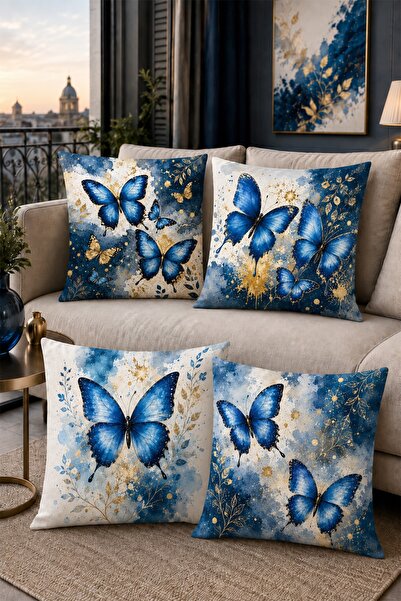 EVPANYA Navy Blue Flying Patterned 4-Piece Throw Pillow Cover Set