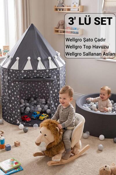 Wellgro Masal Dünyası 3'lü Erkek Oyun Seti - Şato Çadır, Sallanan Ahşap Aslan...