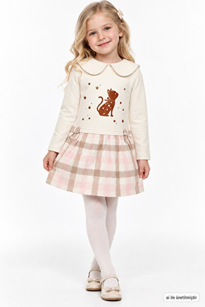 FESSHERA Girl's Dress with 3 Straps, Cat Print, Baby Collar