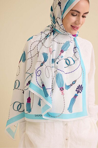 Imannoor Tassel Noor Blue Floş Cotton Shawl 70X210