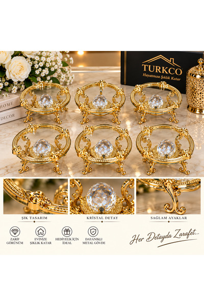 Turkco Gül Çerçeveli Kristal Taşlı Cam Yüzeyli Ayaklı Lokumluk 6’lı Set Kahve...
