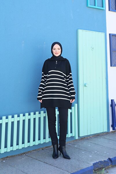 NİSUM MODA Zippered Striped Knitwear Tunic