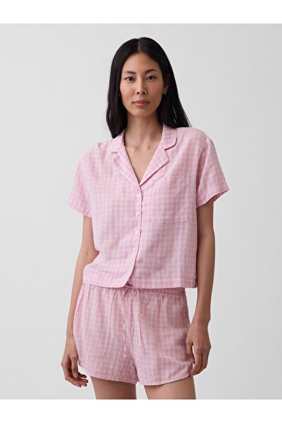 GAP Kadın Pembe Crinkle Gauze Oversized Pijama Üstü