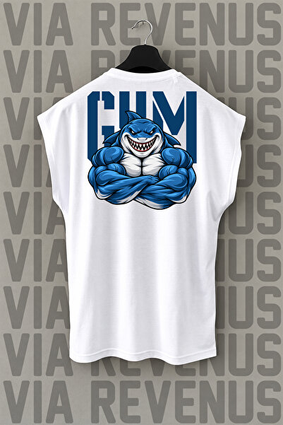 Vordevia Tricou sport Gym Fitness Shark cu imprimeu pe spate, fără mâneci, cu...