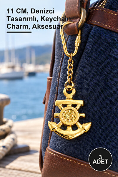 Yenilig 3 pieces brass anchor rudder keychain - 11 cm, sailor design, keychai...