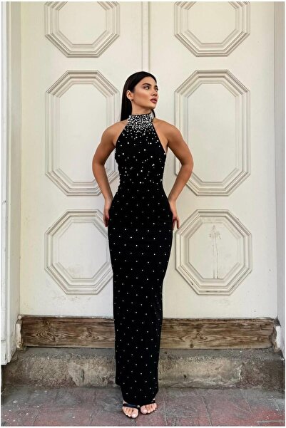Store Kadın Minimal Balıkçı Yaka Balık Kesim Uzun Kollu Abiye Elbise