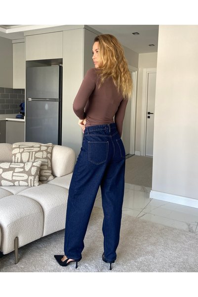 SHUR BOUTİQUE Yüksek Bel Kırçıllı Barrel Fit Jean Lacivert