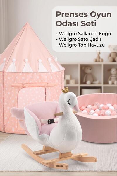 Wellgro Pembe Masal Dünyası 3'lü Oyun Seti - Şato Çadır, Sallanan Ahşap Kuğu ve Sünger Top Havuzu