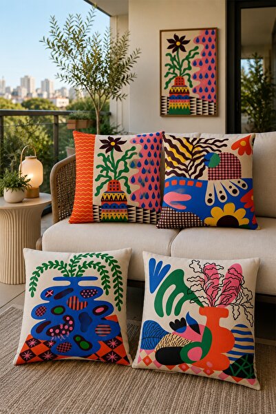 EVPANYA Abstract Flower Pots and Flowers Patterned 4-Piece Throw Pillow Cover...