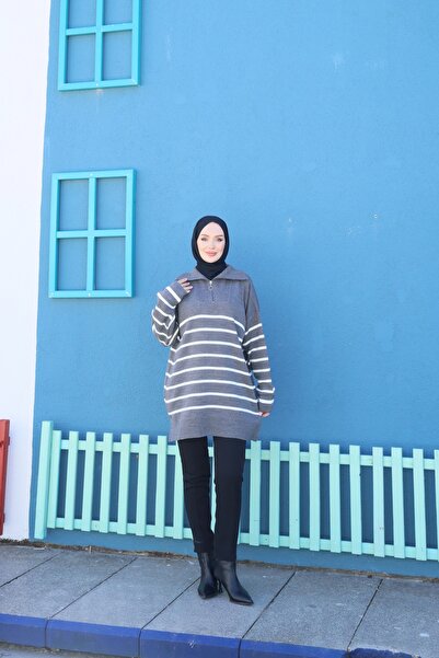 NİSUM MODA Zippered Striped Knitwear Tunic