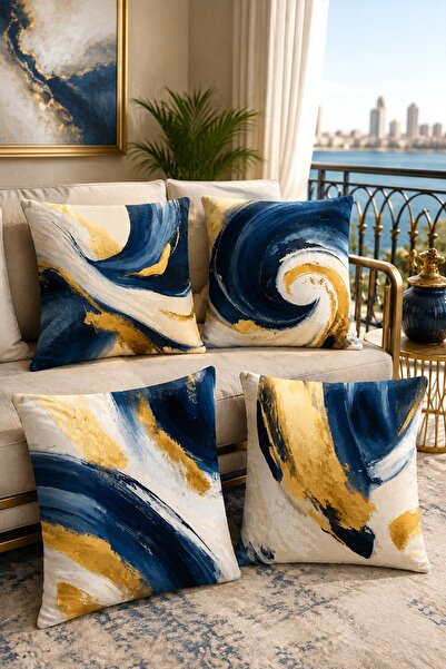 EVPANYA Gold and Navy Blue Colors Patterned 4-Piece Throw Pillow Cover Set