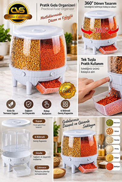 benystore CVS 6 Bölmeli 360° Döner Kuru Gıda ve Bakliyat Organizeri Tek Tuşlu...