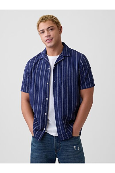 GAP Erkek Lacivert Standart Fit Seersucker Vacay Gömlek