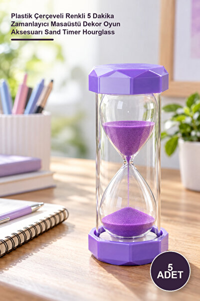 Yenilig 5 Adet Kum Saati – Plastik Çerçeveli Renkli 5 Dakika Zamanlayıcı Masaüstü Dekor Oyun Aksesuarı Sand Timer Hourglass