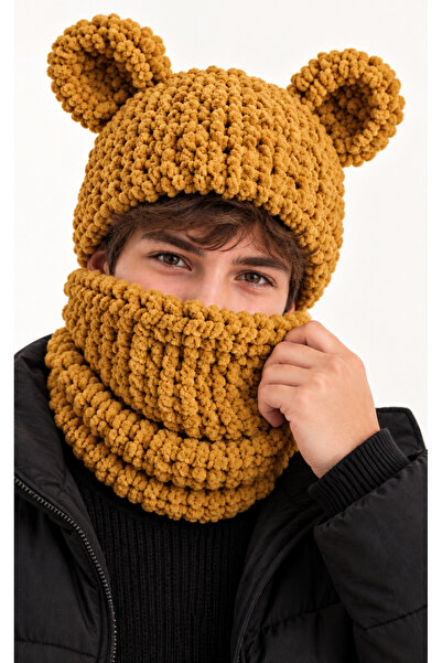 NEHOLİA Men's Puffy Balaklava Earflap Knitted Hooded Neck Warmer Mustard Wint...