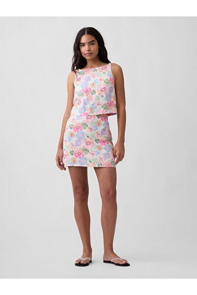 GAP Kadın Çok Renkli Linen-Blend Pull-On Mini Etek