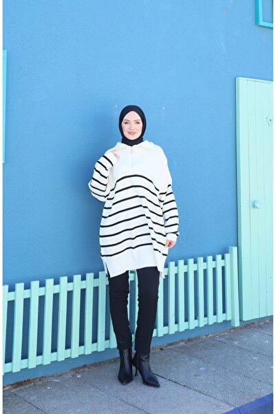 NİSUM MODA Zippered Striped Knitwear Tunic