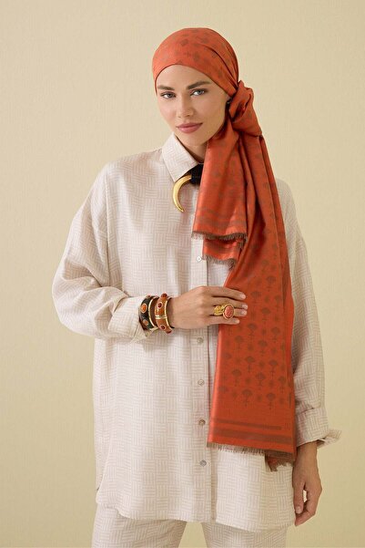 Imannoor Carnation Monogram Orange Silk Shawl 68X200