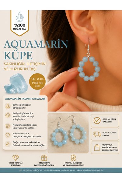 Zodyak Doğal Taş Aquamarine Stone Women's Earrings – Blue Natural Stone Dangl...