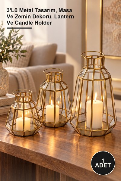 Yenilig 1 Adet Dekoratif Gold Metal Fener Seti – 3'Lü Metal Tasarım, Masa Ve ...