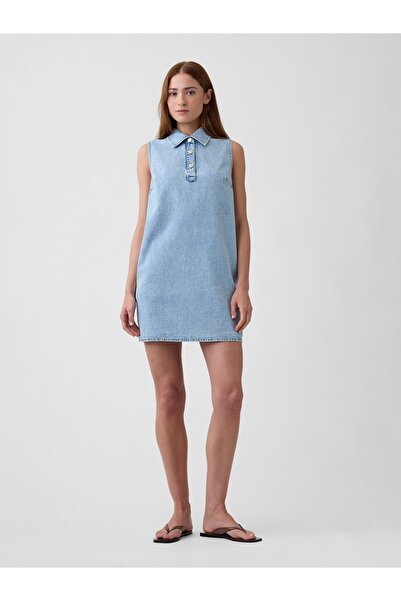 GAP Kadın Açık Mavi Kolsuz Yaka Detaylı Denim Mini Elbise