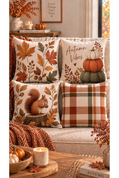 Nari Collections Autumn Squirrel 4-Piece Cushion Cover Set – 43X43 cm Double-...
