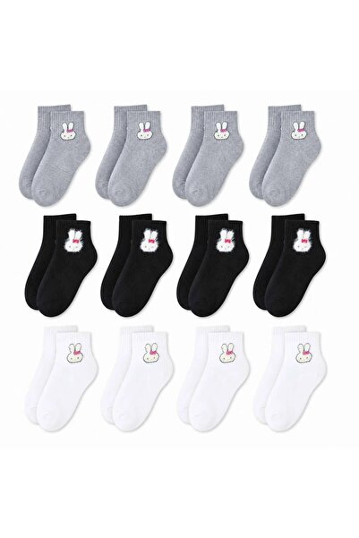 Şerife Hanım Women's Rabbit Patterned Short Socks 12-Pack |   80% Cotton Seam...