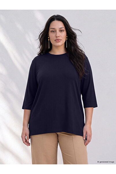 LC Waikiki Alita City Farkıyla Lcw Curve Navy Blue Plain Oval Neck Three Quar...