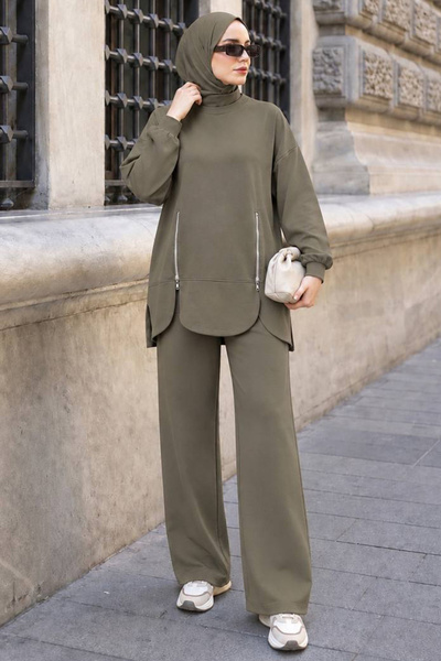Neva Style Fermuar Cep Detaylı Oysho Kumaş Açık Haki Tesettür Pantolon Takım ...
