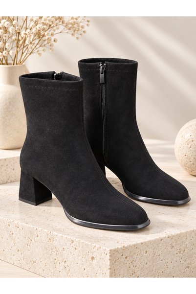 ODESSO Women's Black Suede 5 cm Block Heeled Blunt Toe Zippered Stylish Socket Boots for Daily/Office Wear