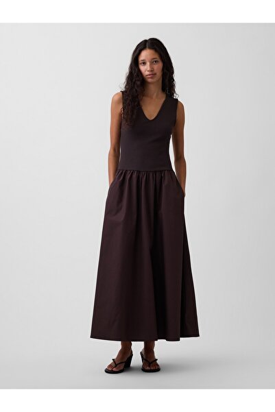 GAP Kadın Kahverengi Mixed Media Drop-Waist Maxi Elbise