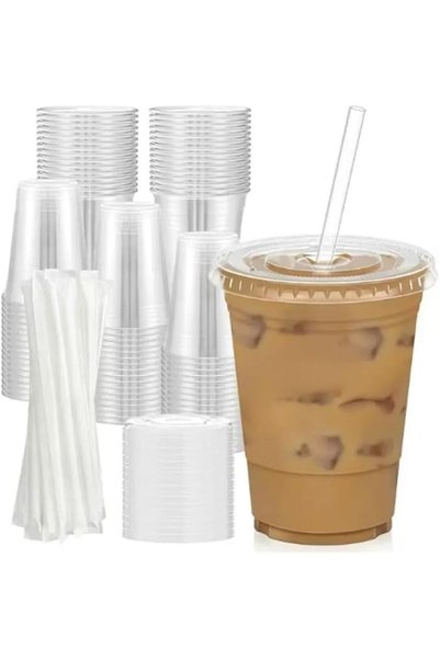 Generic 16 oz Clear Plastic Cups with Lids and Straws, 100 Pack, BPA-Free Col...
